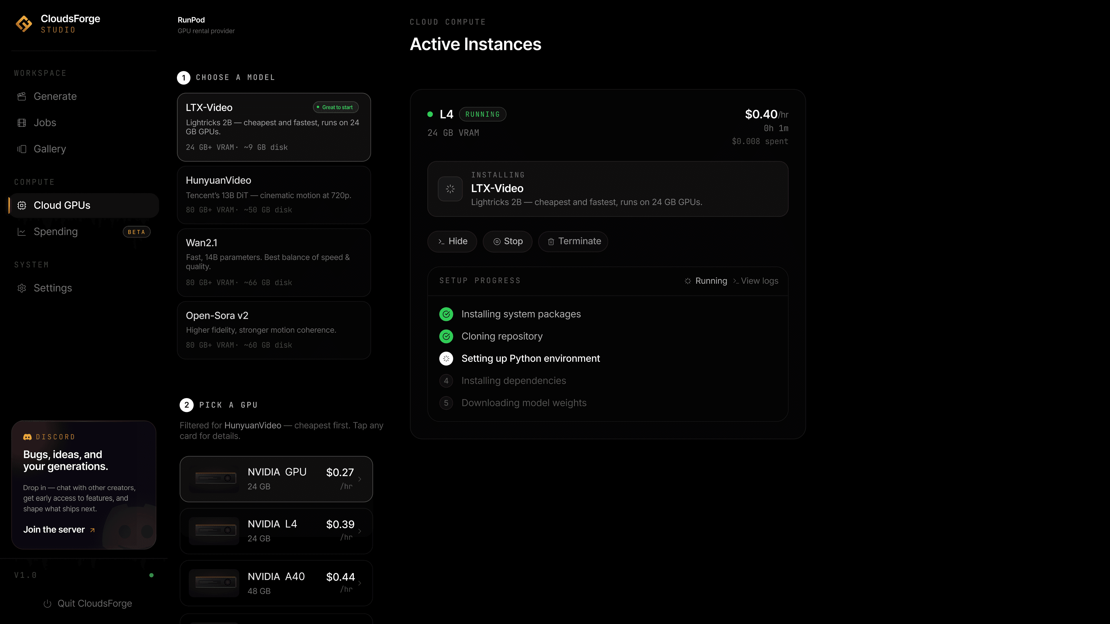 CloudsForge - Cloud GPU browser and live instance setup